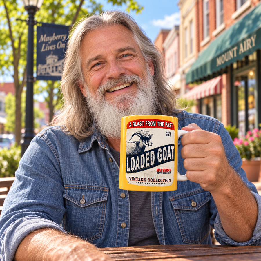 Model enjoying coffee with Loaded Goat Blast from the Past Mayberry Mug on Mayberry Main Street