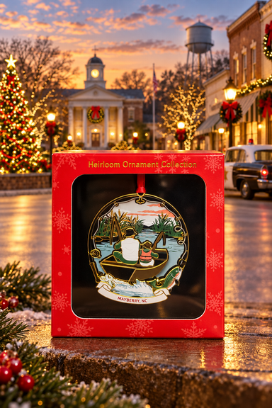 Fishing Memories Mayberry ornament in its red gift box against a festive Mayberry-themed backdrop