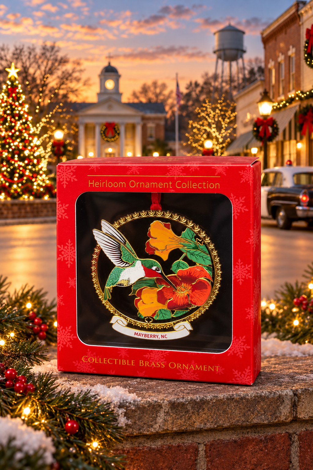 Hummingbird and Flowers Mayberry ornament in its red gift box against a festive Mayberry-themed backdrop