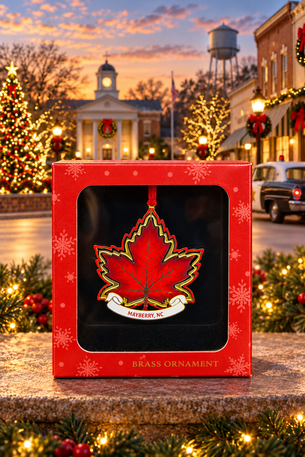 Red Maple Leaf Mayberry ornament in its red gift box against a festive Mayberry-themed backdrop