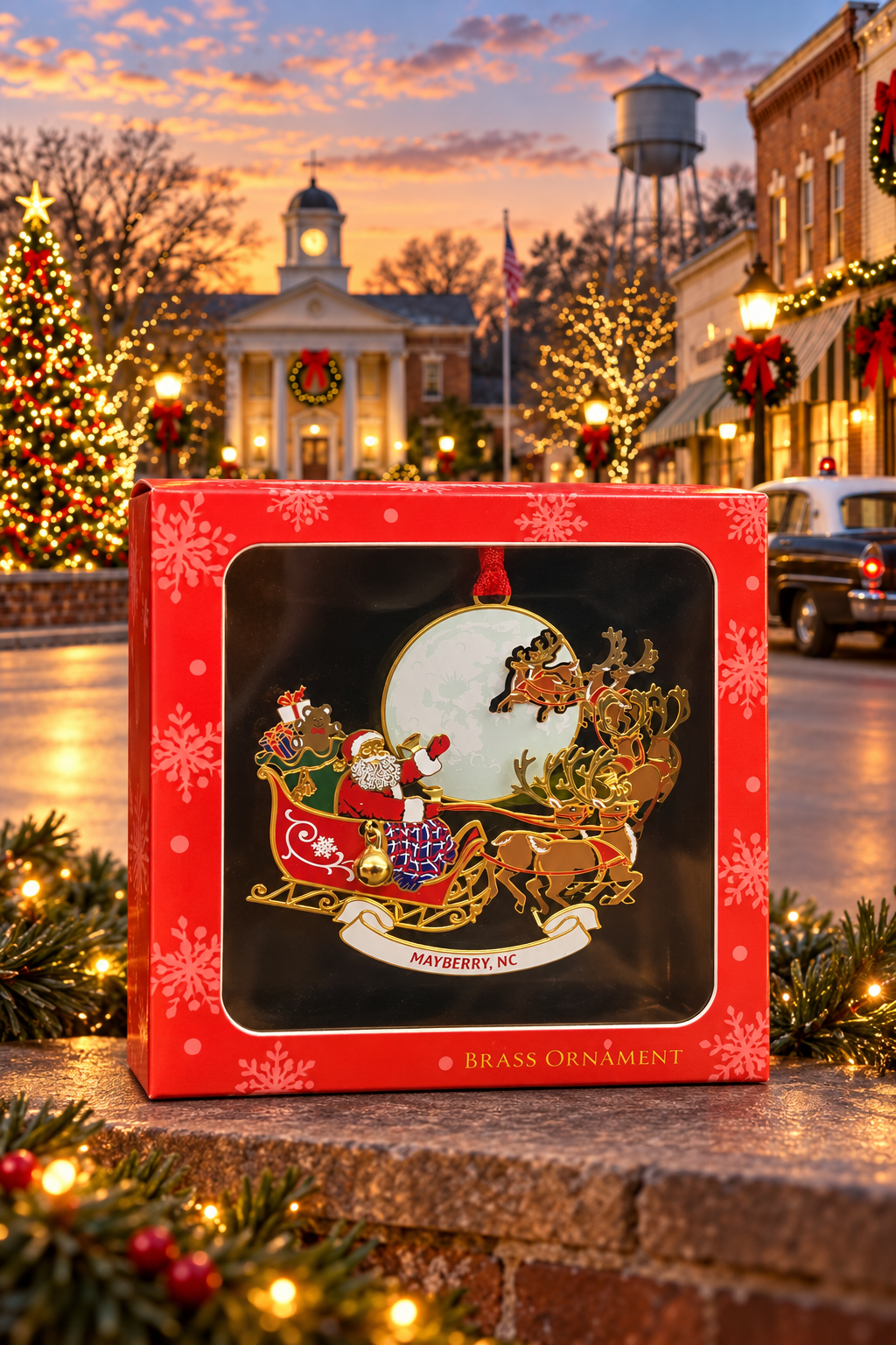 Santa's Sleigh Mayberry ornament in its red gift box against a festive Mayberry-themed backdrop