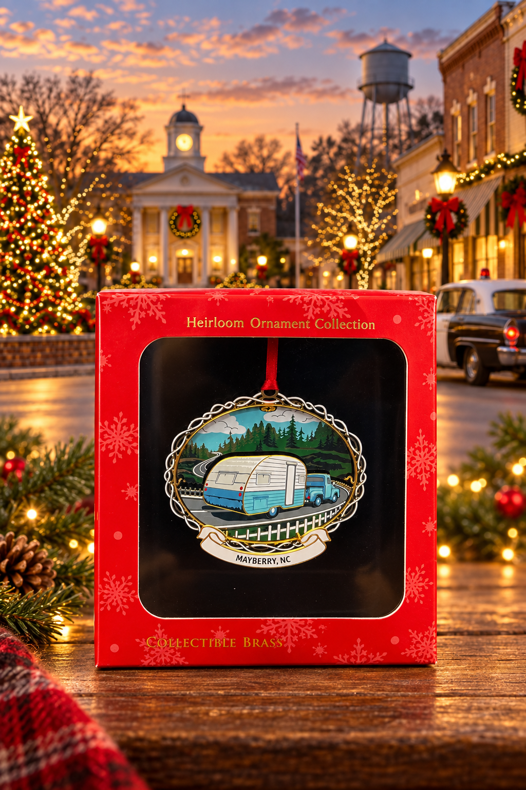 Vintage Camper Mayberry ornament in its red gift box against a festive Mayberry-themed backdrop