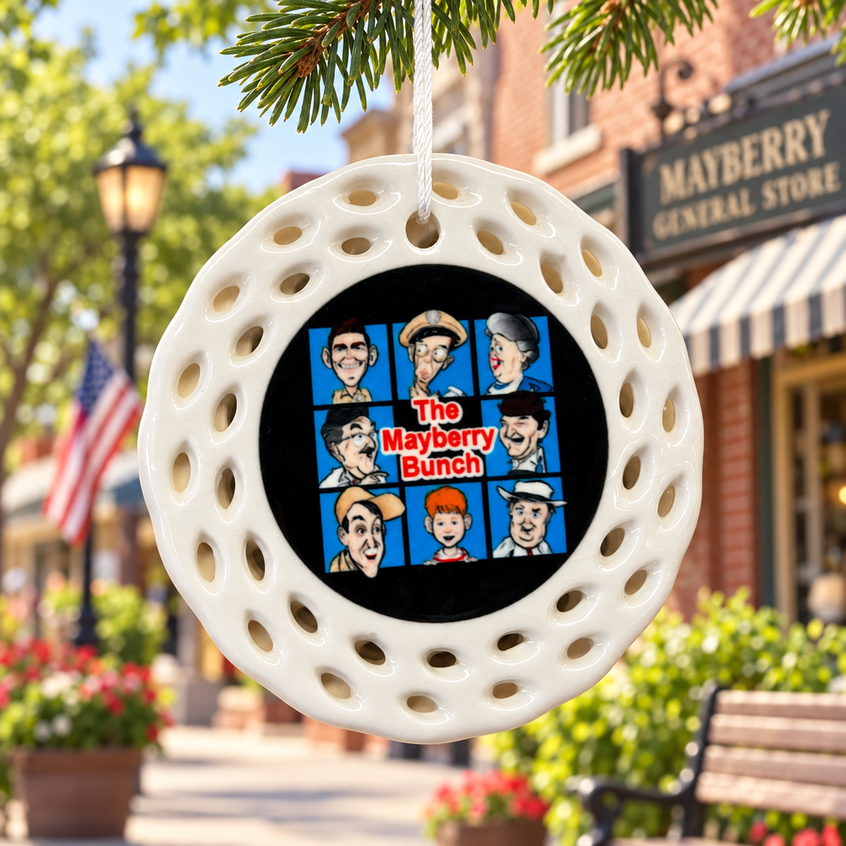 The Mayberry Bunch ceramic ornament displayed on Main Street