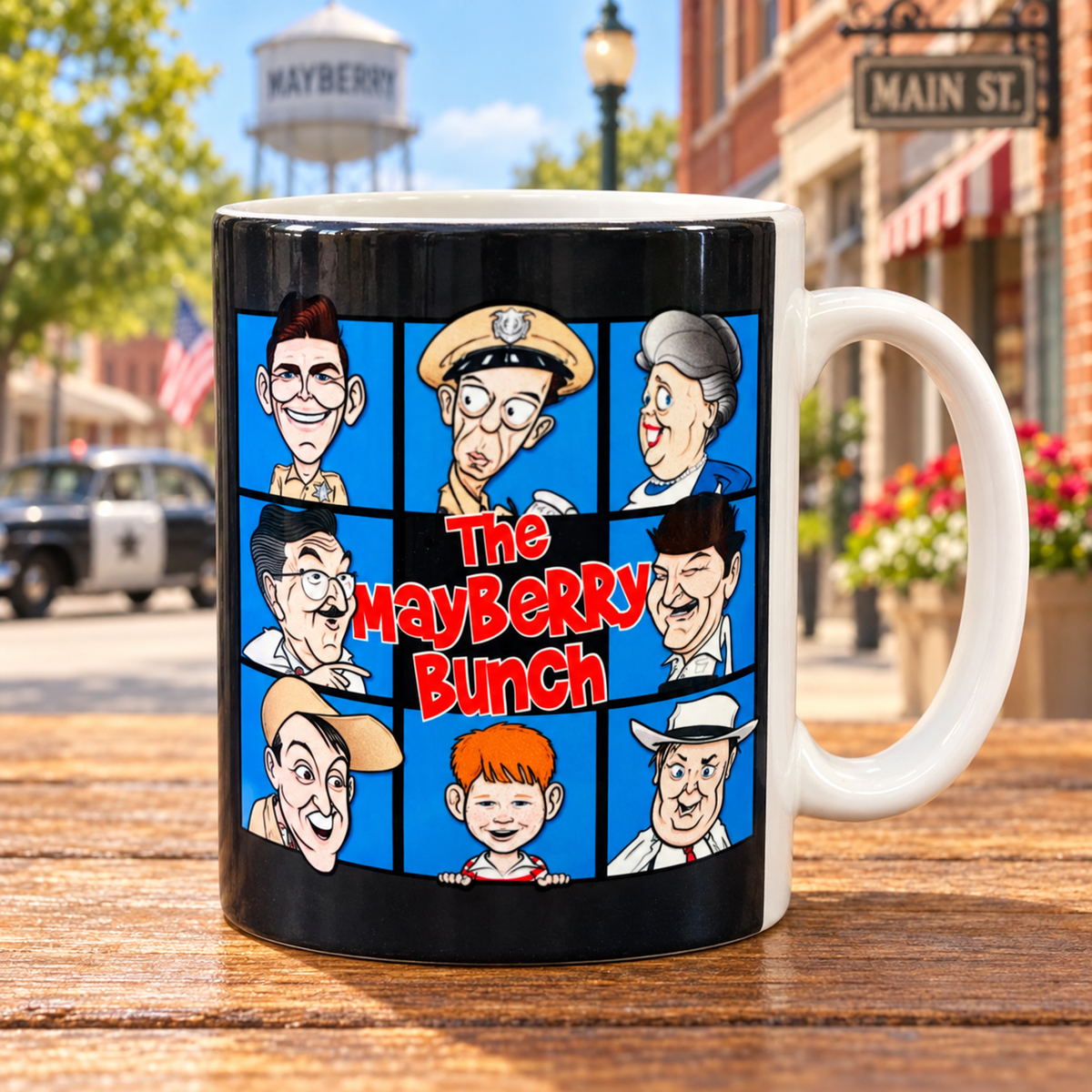 The Mayberry Bunch character mug displayed upright on Main Street