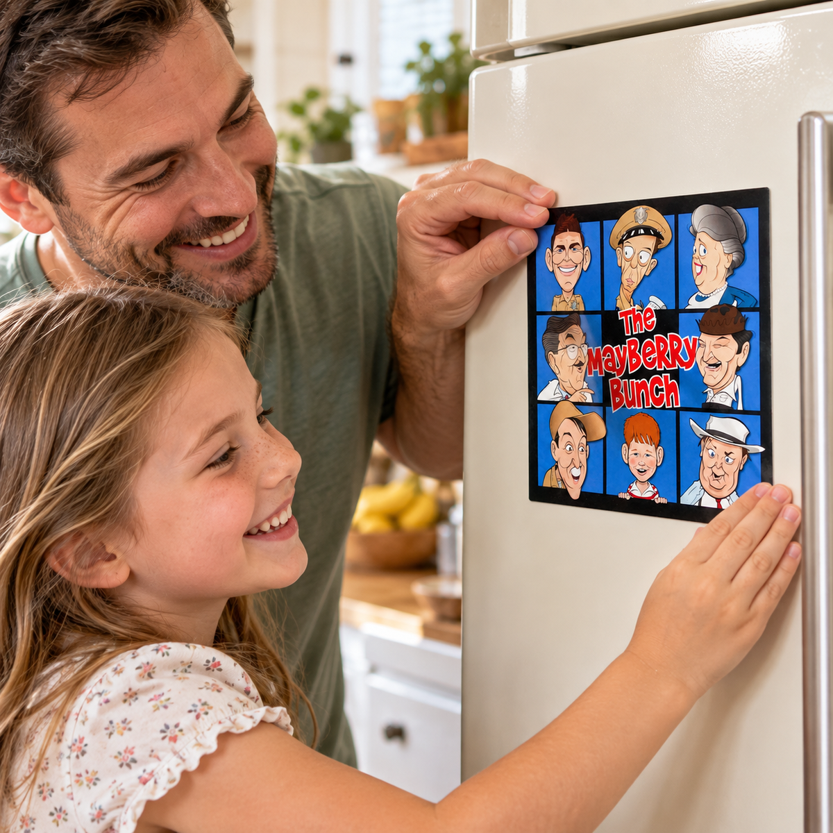 Father and daughter applying The Mayberry Bunch character sticker to a refrigerator.