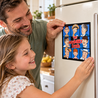 Father and daughter applying The Mayberry Bunch character sticker to a refrigerator.