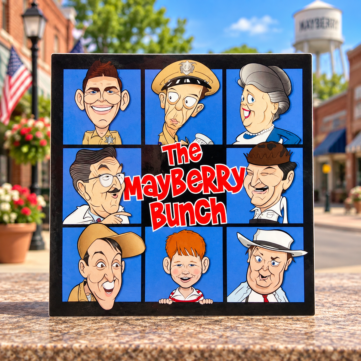 The Mayberry Bunch character sticker displayed on Main Street