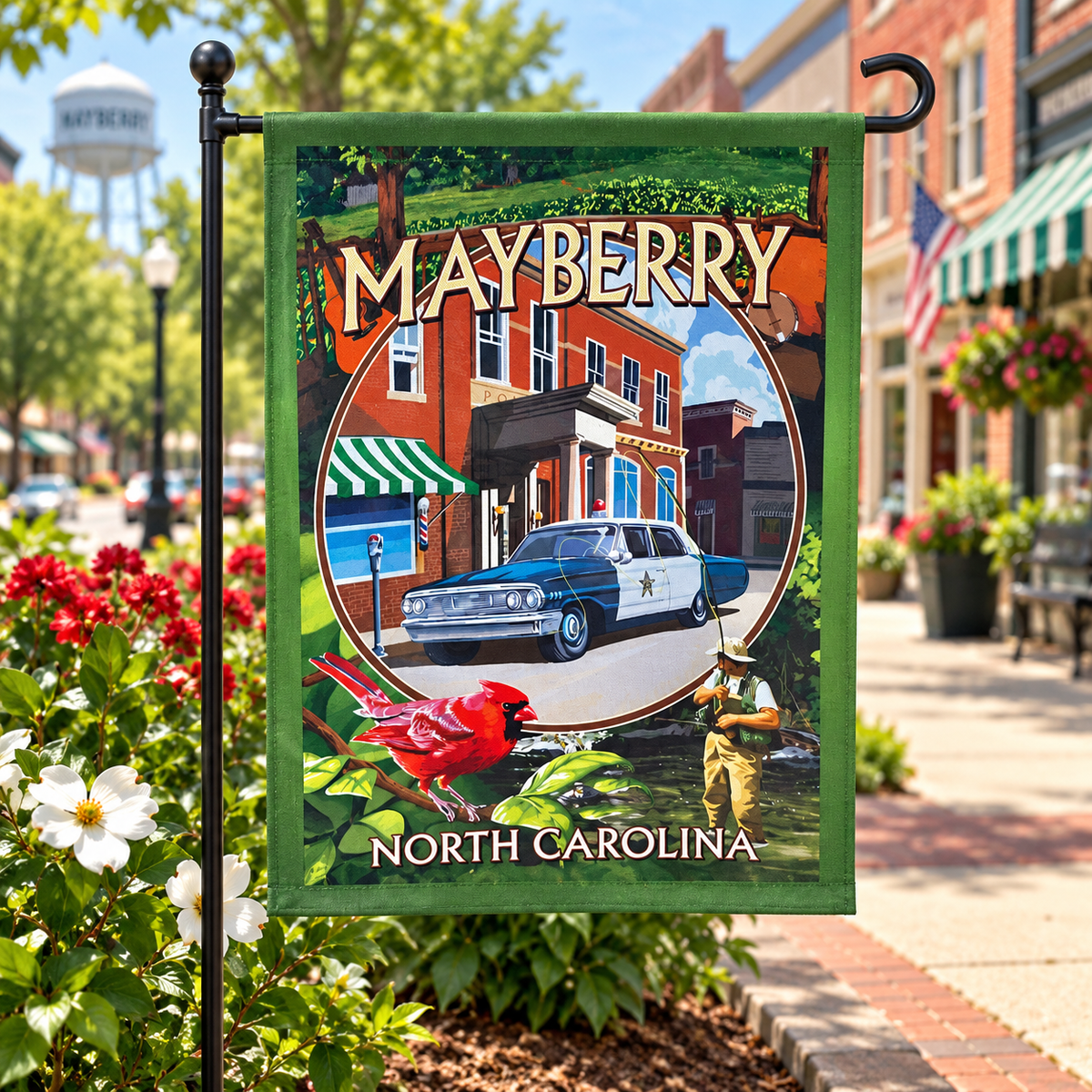 Mayberry North Carolina courthouse and squad car garden flag displayed on Main Street