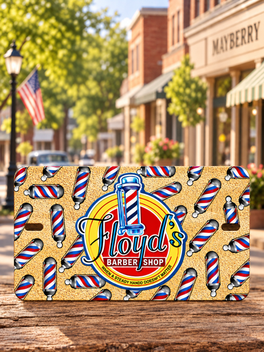 Horizontal Mayberry Floyd's Barber Shop metal sign with upright lettering