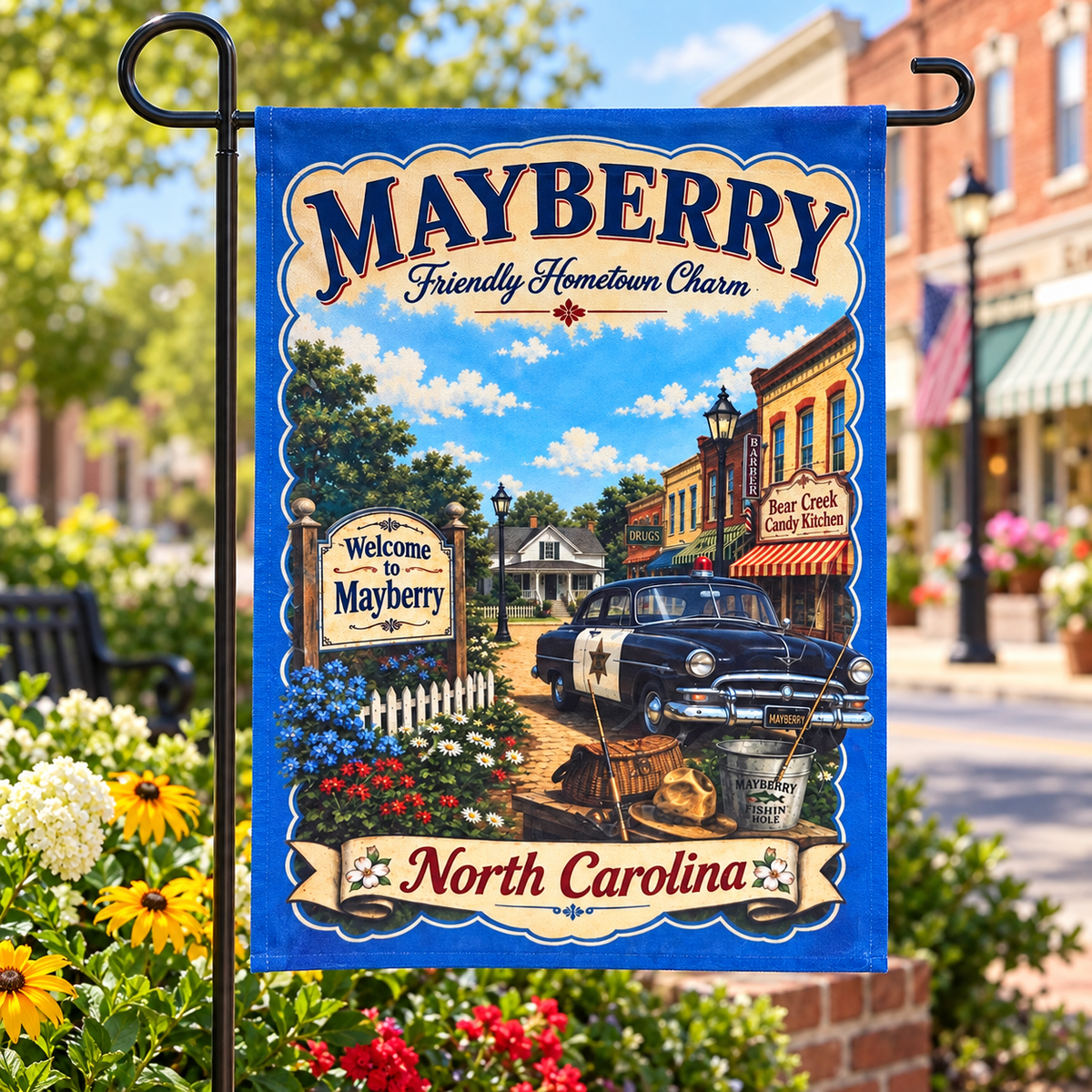 Mayberry Friendly Hometown Charm garden flag displayed on Main Street
