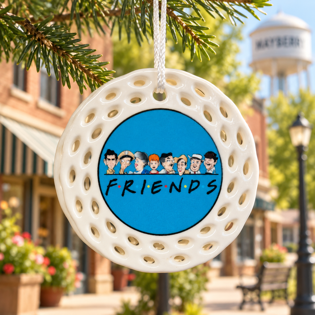 Mayberry Friends ceramic ornament displayed on Main Street