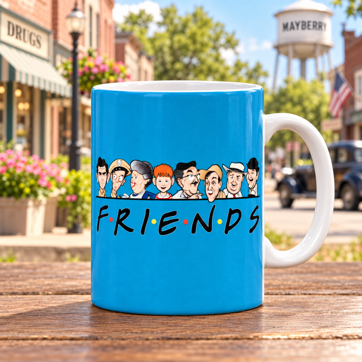 Mayberry Friends character blue mug displayed upright on Main Street