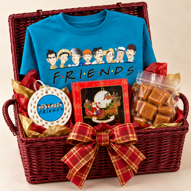Mayberry Friends Christmas Keepsake in a Burgundy red low rectangular wicker picnic hamper with an open hinged lid and two side loop handles — styled preview