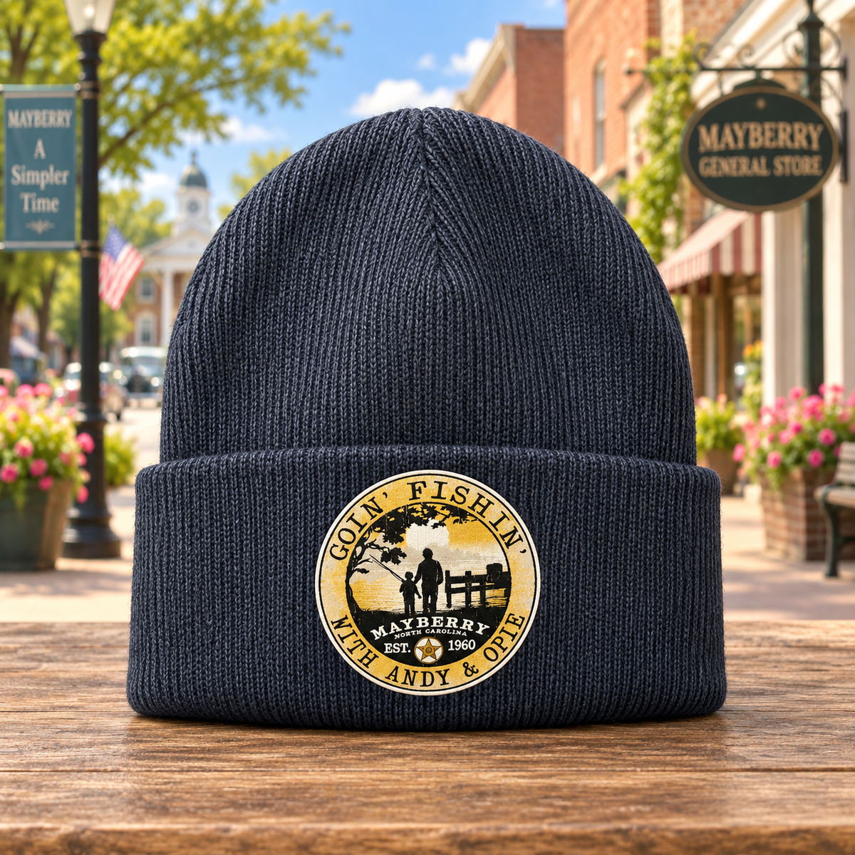 Dark gray Goin' Fishin' with Andy and Opie knit toboggan on a Mayberry Main Street background