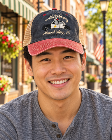 Model wearing Mayberry Hat 05 on a Mayberry-style downtown street