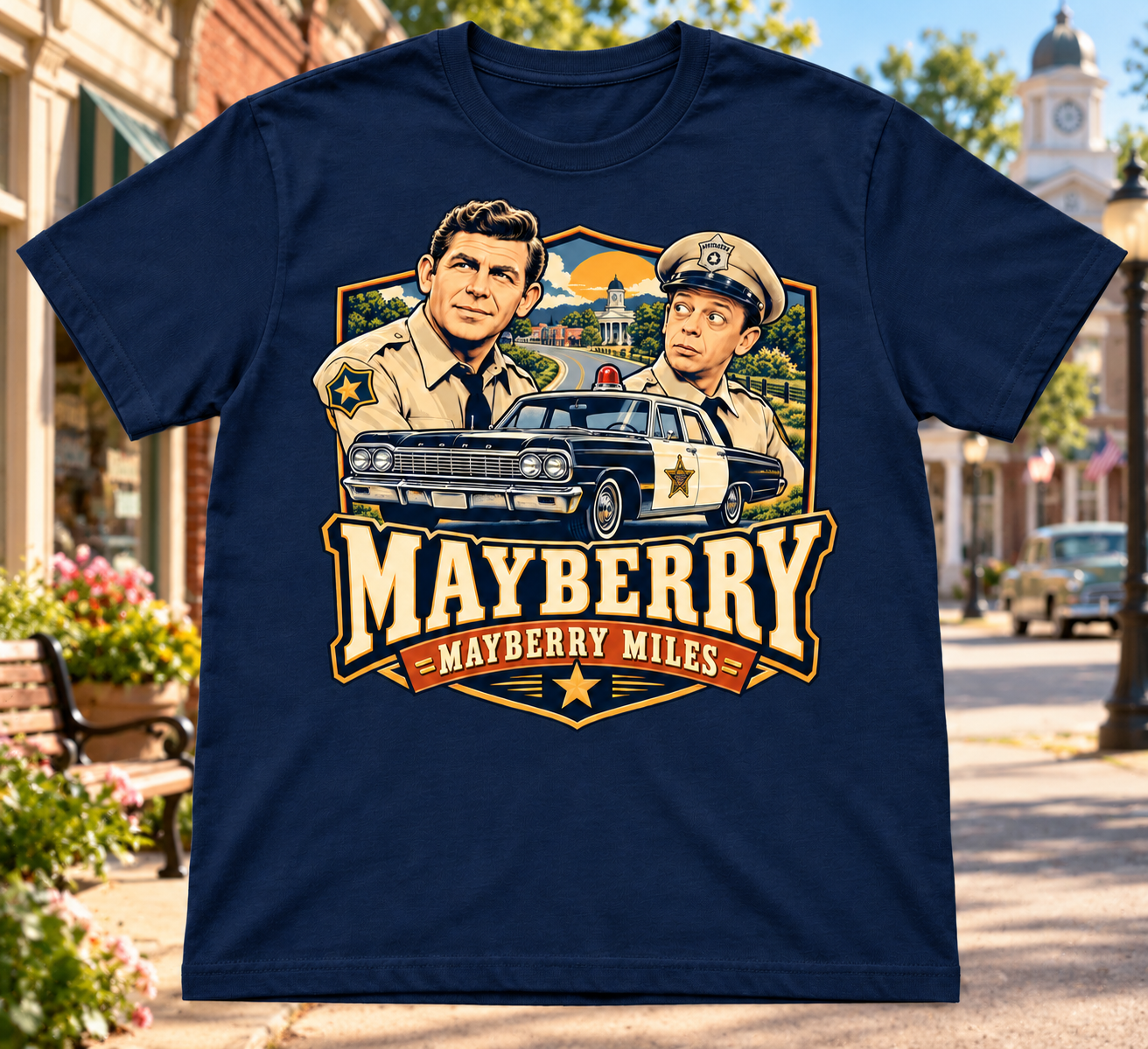 Mayberry Miles navy T-shirt featuring Andy and Barney with a squad car, shown against Mayberry Main Street