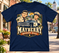 Mayberry Miles navy T-shirt featuring Andy and Barney with a squad car, shown against Mayberry Main Street