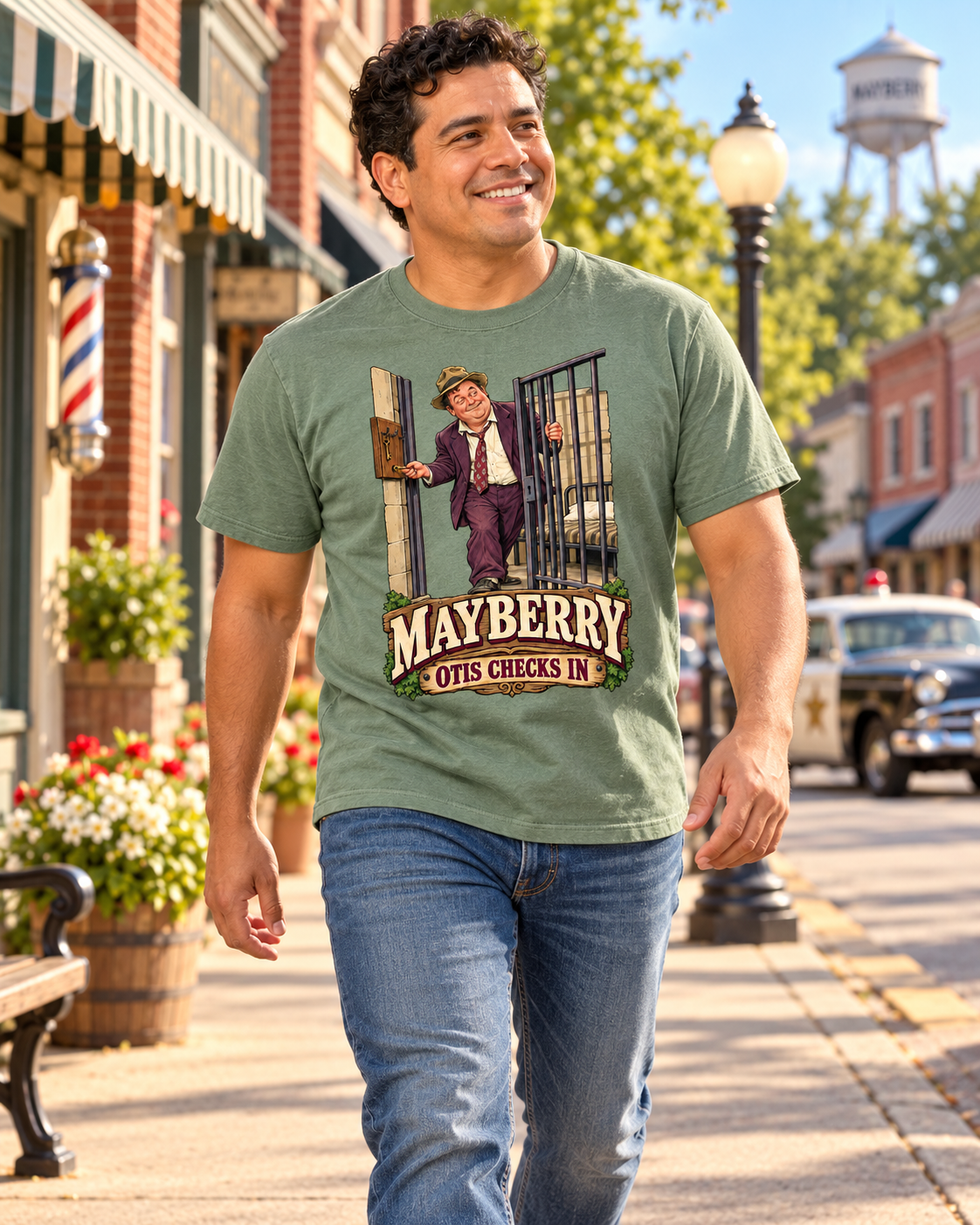 Man wearing Mayberry Otis Checks In T-Shirt – Sage Green walking on a Mayberry-inspired Main Street