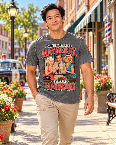 Man wearing What Happens in Mayberry Stays in Mayberry T-Shirt – Washed Gray walking on a Mayberry-inspired Main Street
