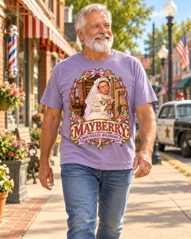 Man wearing Mayberry Mountain Wedding T-Shirt – Lavender walking on a Mayberry-inspired Main Street