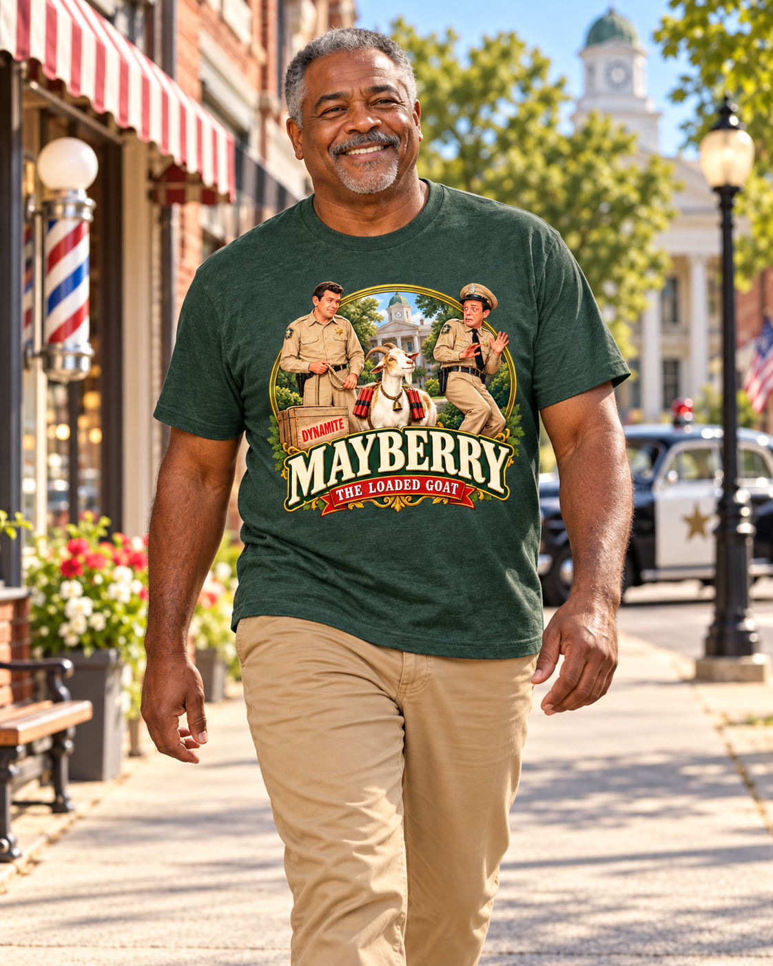 Man wearing Mayberry The Loaded Goat T-Shirt – Heather Forest Green walking on a Mayberry-inspired Main Street