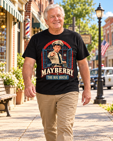 Man wearing Mayberry The Big House T-Shirt – Black walking on a Mayberry-inspired Main Street
