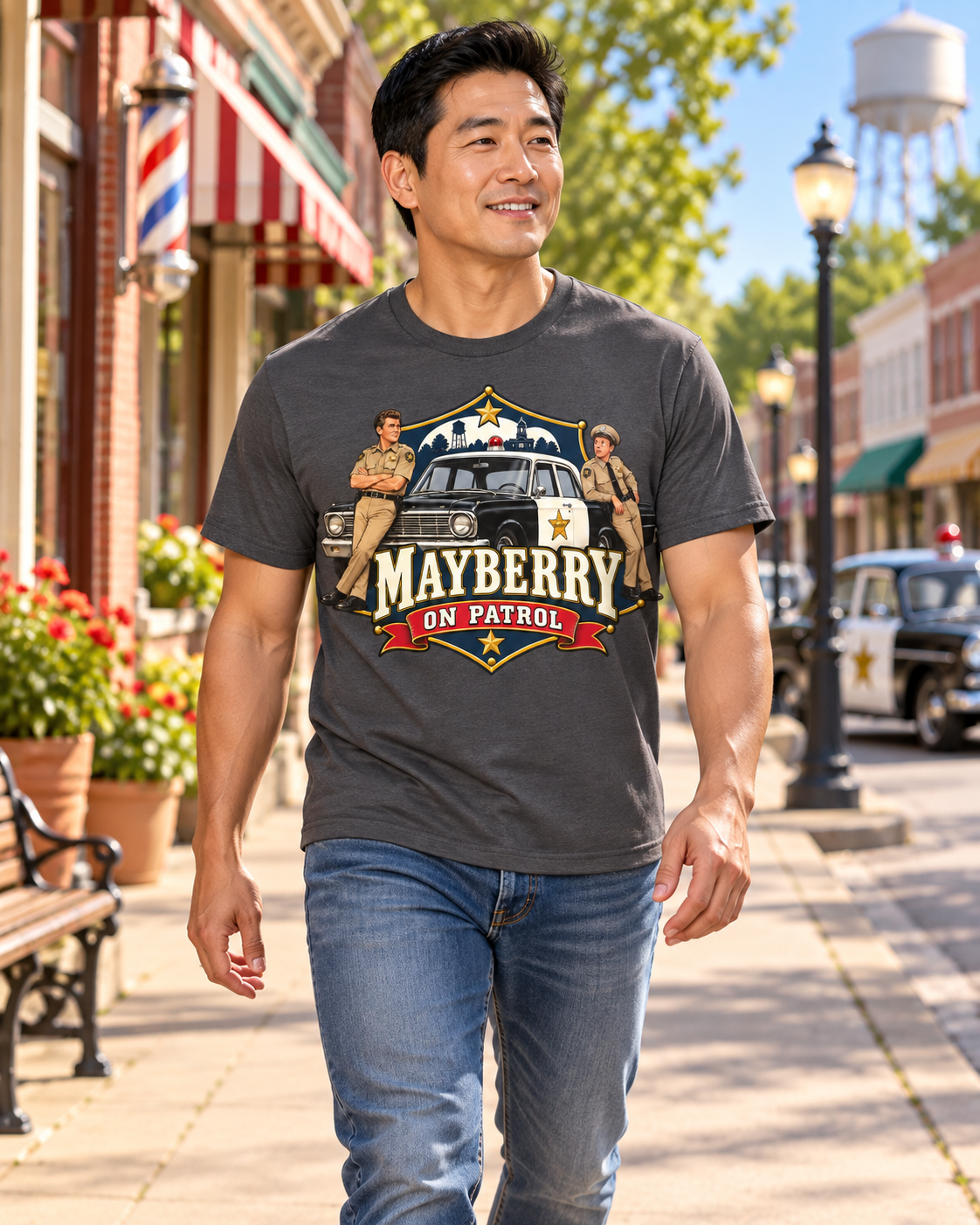 Man wearing Mayberry On Patrol T-Shirt – Charcoal walking on a Mayberry-inspired Main Street