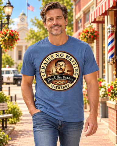 Model wearing Floyd the Barber Two Chairs No Waiting Tee on Mayberry Main Street