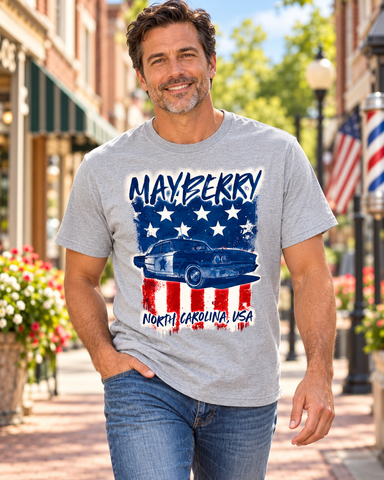 Model wearing Mayberry North Carolina Squad Car Flag T-Shirt on Mayberry Main Street