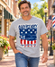 Model wearing Mayberry North Carolina Squad Car Flag T-Shirt on Mayberry Main Street