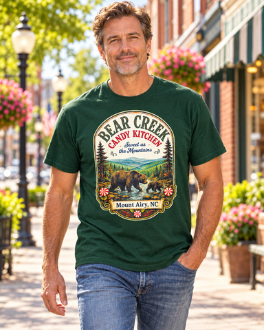 Model wearing Bear Creek Candy Kitchen Mountain Bear T-Shirt on Mayberry Main Street