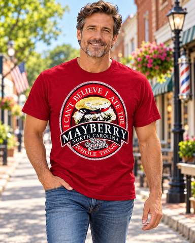 Model wearing Mayberry Pork Chop Sandwich T-Shirt on Mayberry Main Street