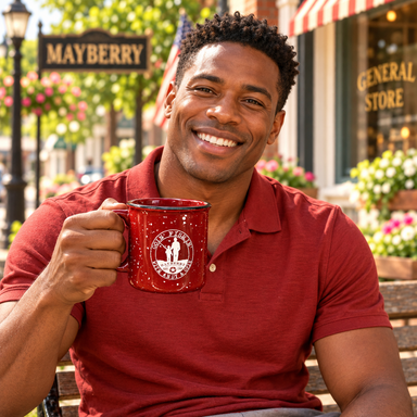 Model enjoying coffee with Mayberry Mug 22 on Mayberry Main Street