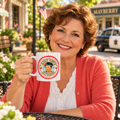 Model enjoying coffee with Mayberry Mug 23 on Mayberry Main Street