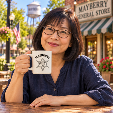 Model enjoying coffee with Mayberry Mug 24 on Mayberry Main Street