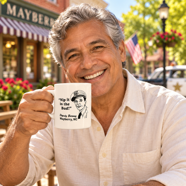 Model enjoying coffee with Mayberry Mug 25 on Mayberry Main Street