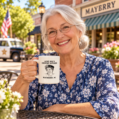 Model enjoying coffee with Mayberry Mug 27 on Mayberry Main Street
