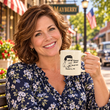 Model enjoying coffee with Mayberry Mug 30 on Mayberry Main Street