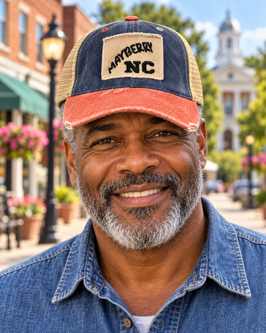 Model wearing Mayberry NC Patch Hat – Navy & Orange on a Mayberry-style downtown street