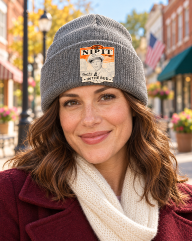 Model wearing Mayberry Nip It in the Bud Knit Toboggan on an autumn Mayberry-style downtown street