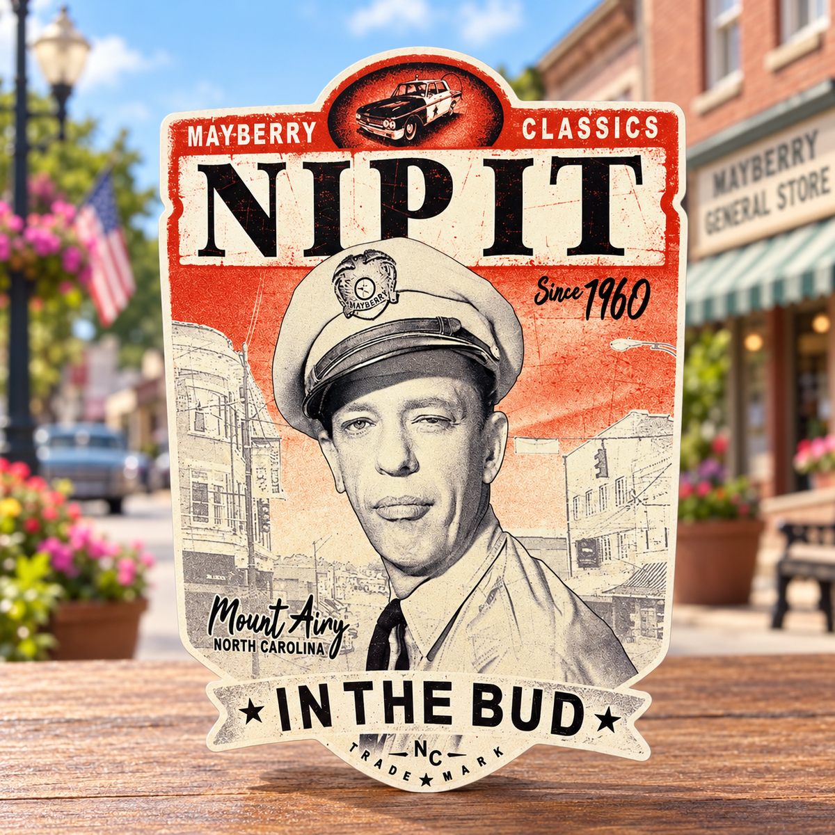 Mayberry Nip It in the Bud sticker displayed on Main Street