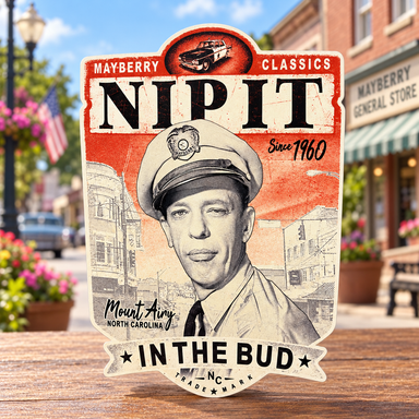 Mayberry Nip It in the Bud sticker displayed on Main Street