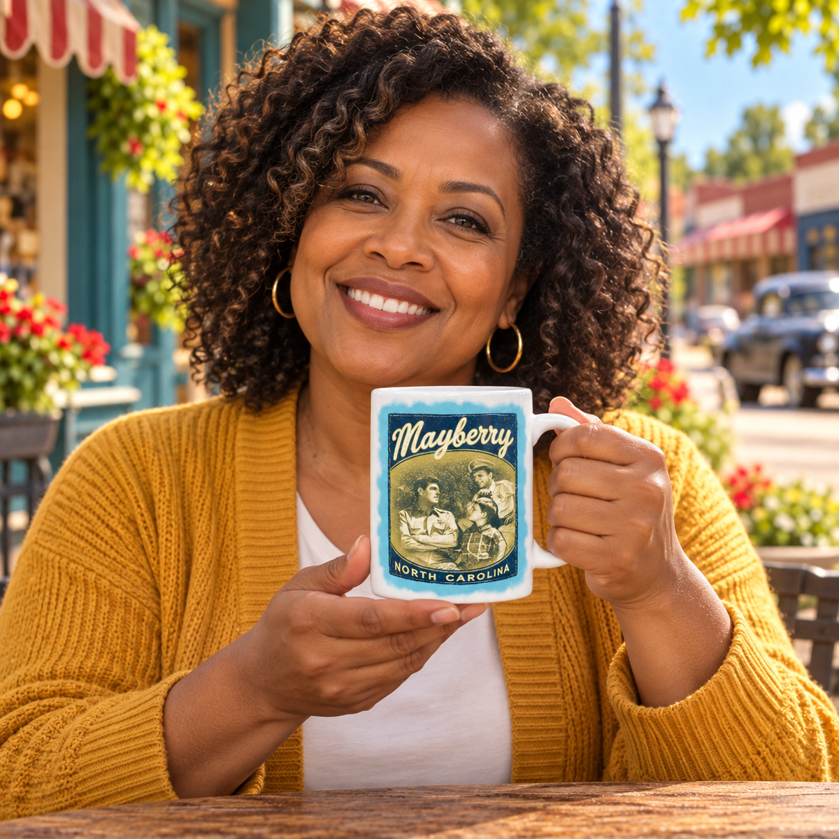 Model enjoying coffee with Mayberry North Carolina Trio Mug on Mayberry Main Street