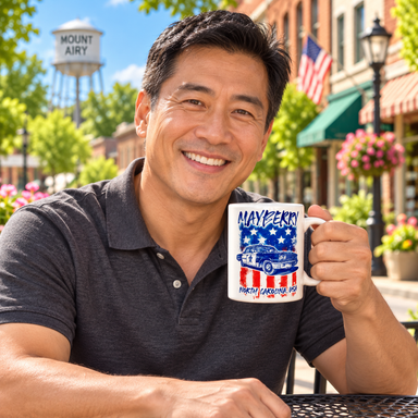 Model enjoying coffee with Mayberry North Carolina USA Patriotic Squad Car Mug on Mayberry Main Street