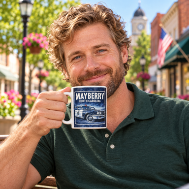 Model enjoying coffee with Mayberry North Carolina Vintage Squad Car Mug on Mayberry Main Street
