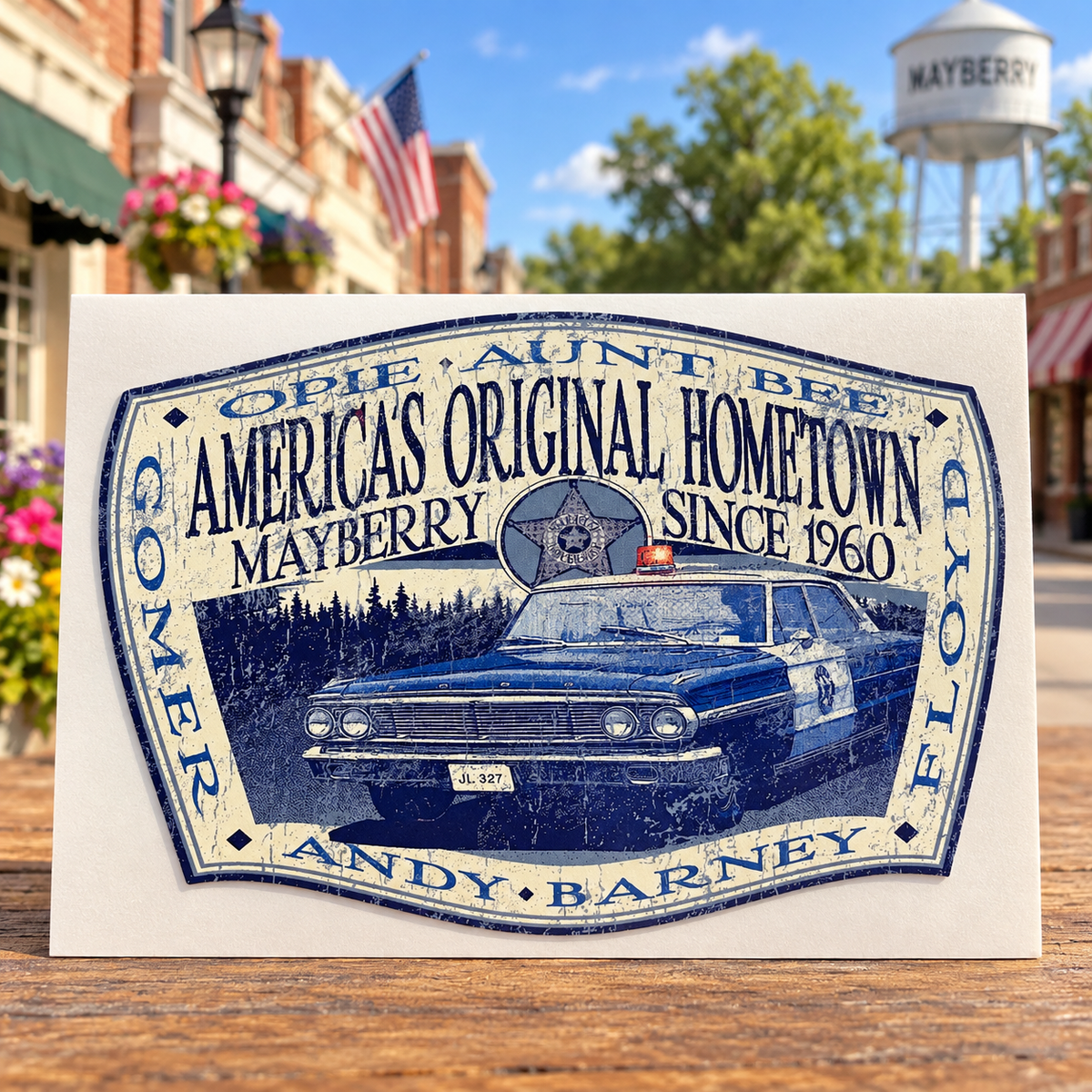 Mayberry Original Hometown squad car sticker displayed on Main Street