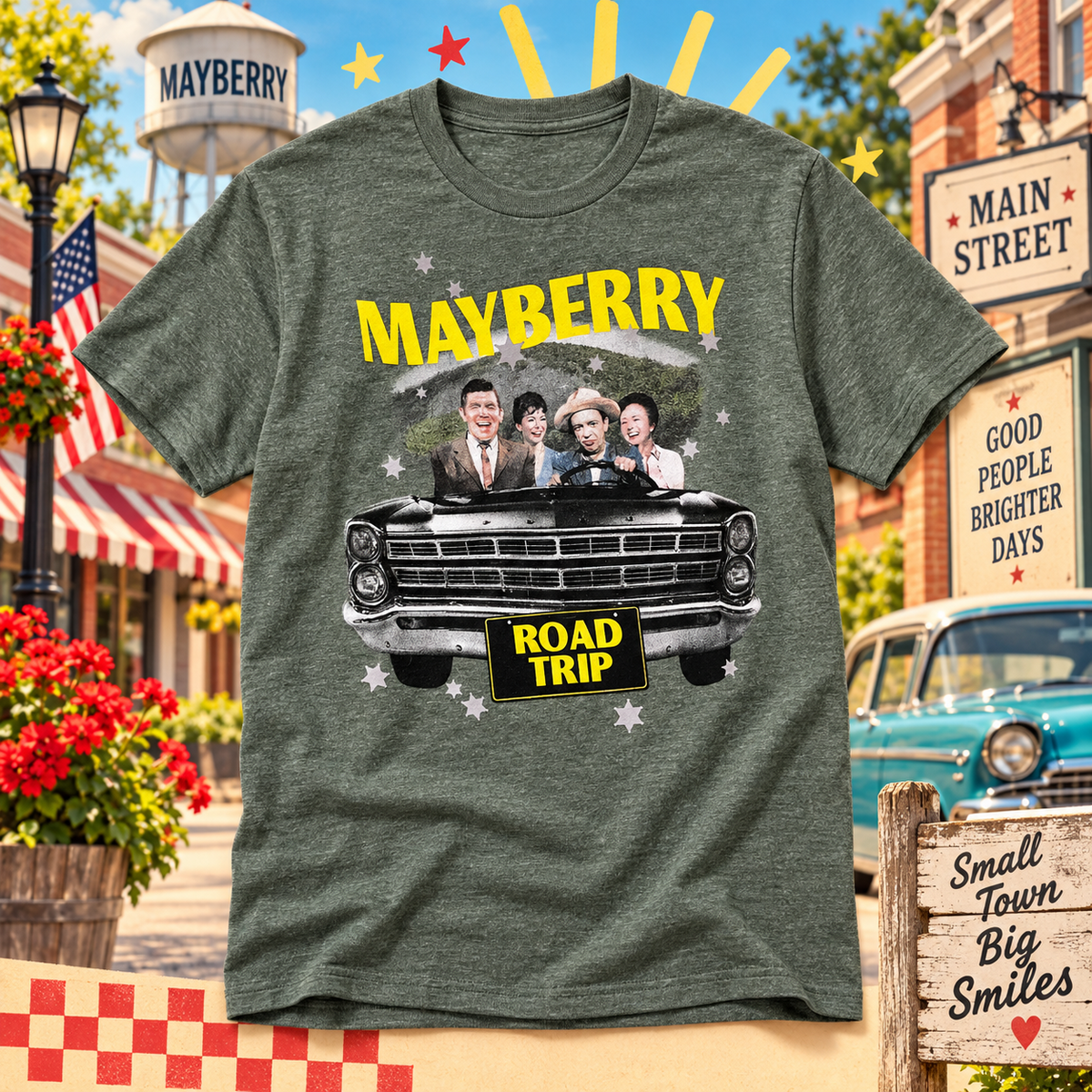 Heather green Mayberry Road Trip character T-shirt