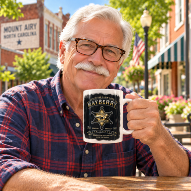 Model enjoying coffee with Mayberry Sheriff Badge Life in the Slow Lane Mug on Mayberry Main Street