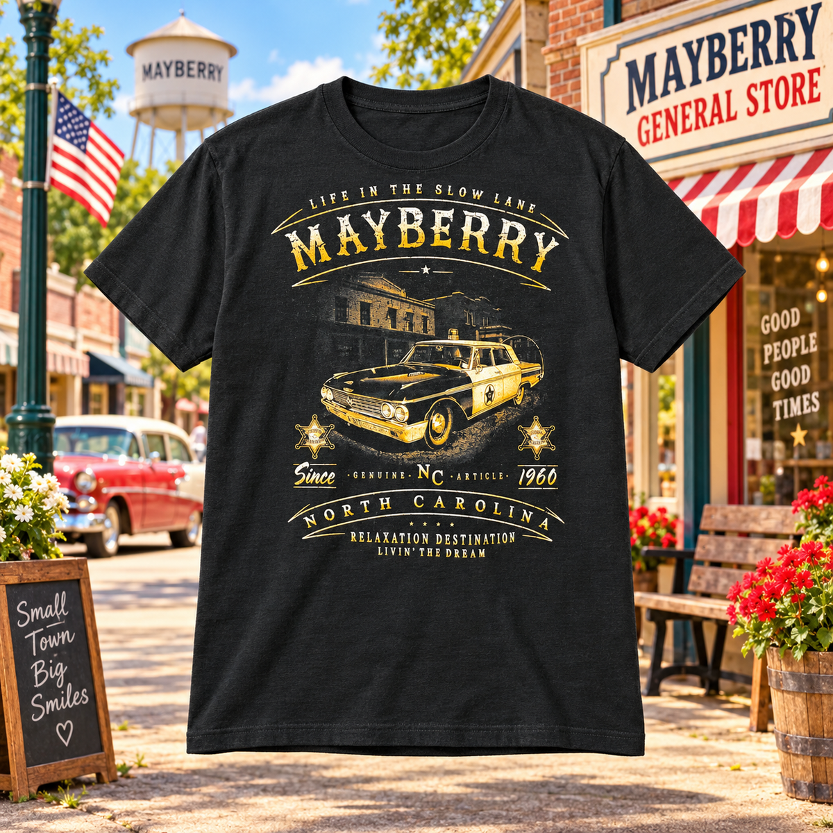 Black Mayberry Life in the Slow Lane Squad Car Tee showing the front design