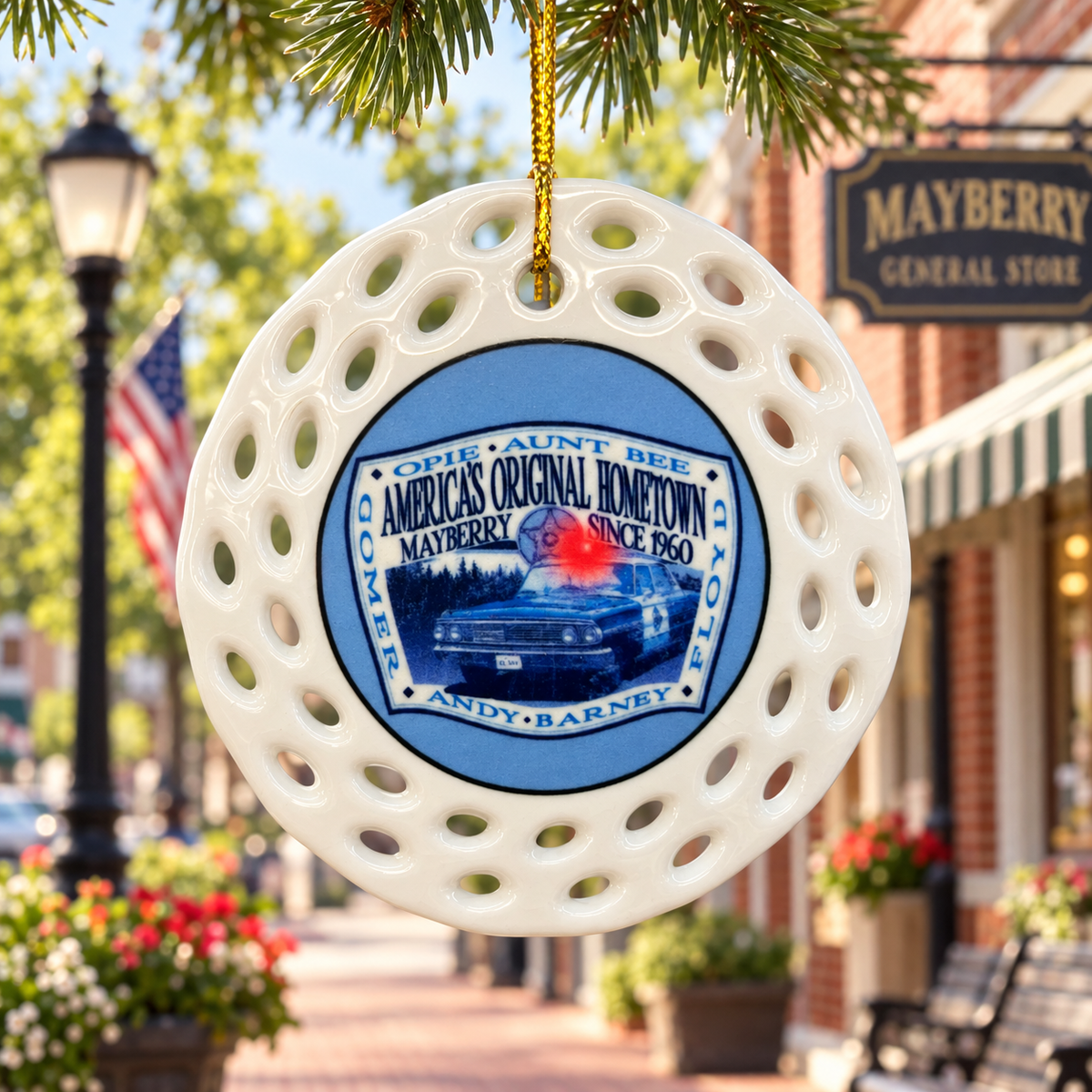 Mayberry Original Hometown squad car ceramic ornament displayed on Main Street